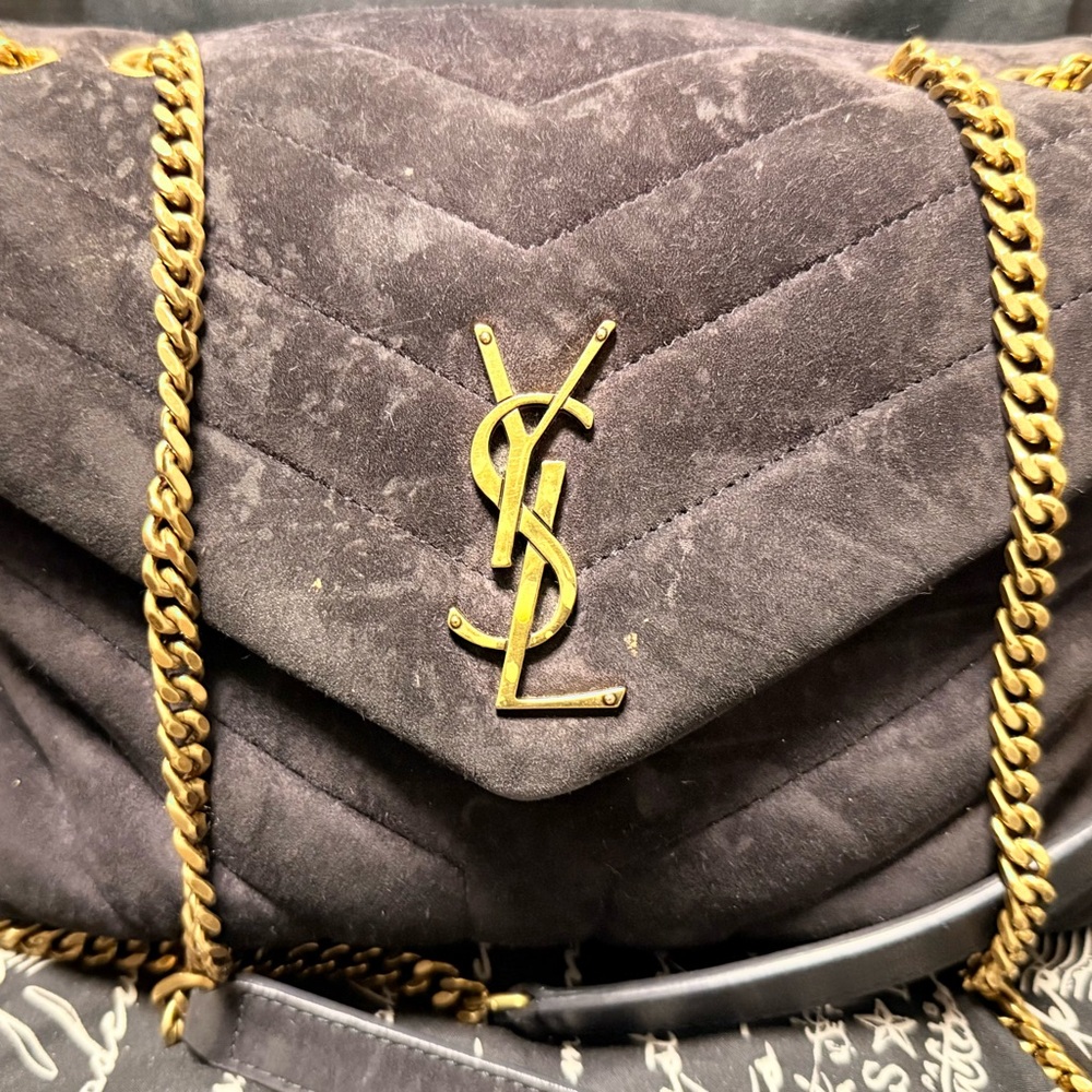 Saint Laurent Navy Leather Bag with Gold Chain
